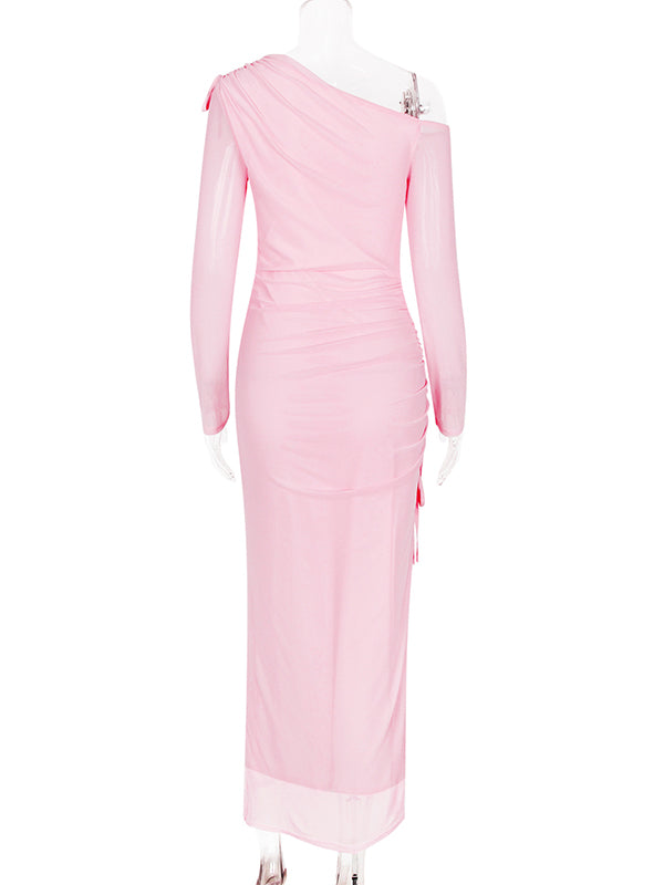 Momsmood One Shoulder Drawstring Side Slit Grenadine Gender Reveal Baby Girl Shower Maternity Maxi Dress