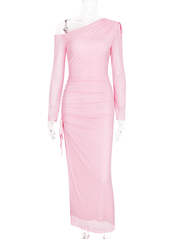 Momsmood One Shoulder Drawstring Side Slit Grenadine Gender Reveal Baby Girl Shower Maternity Maxi Dress