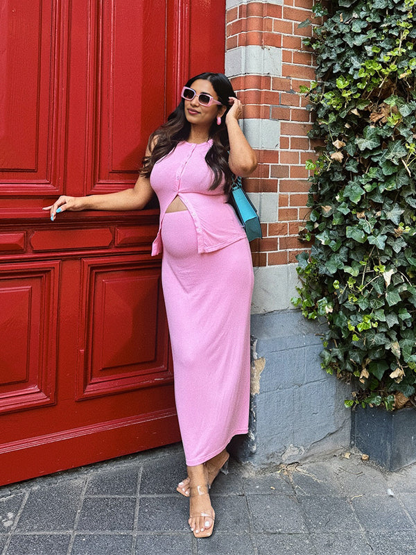 Momsmood 2-in-1 Knit Solid Color Buttons Bodycon Vacation Baby Shower Maternity Maxi Dress