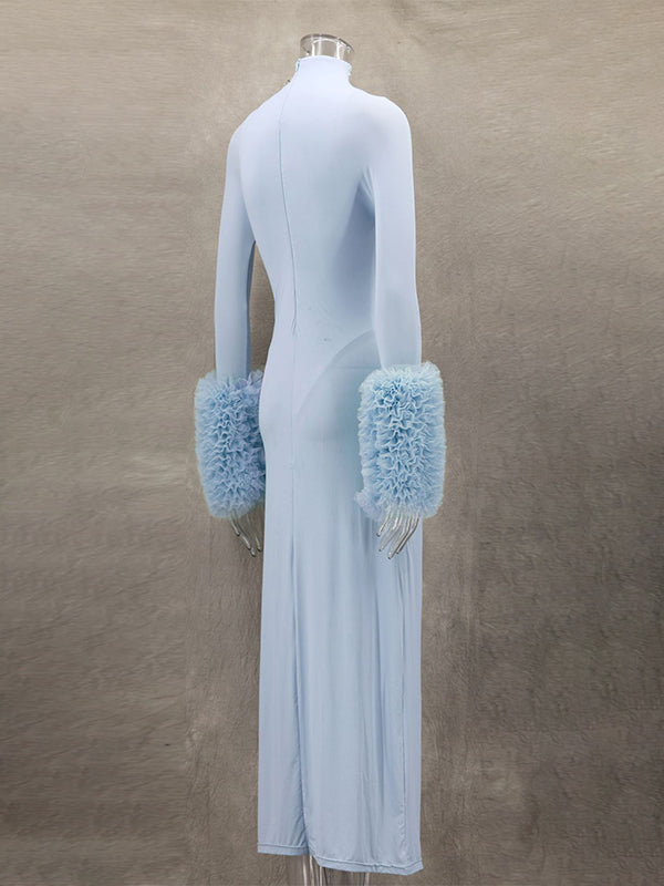 Momsmood Light Blue Case Grenadine Band Neck Bodycon Gender Reveal Baby Shower Maternity Maxi Dress