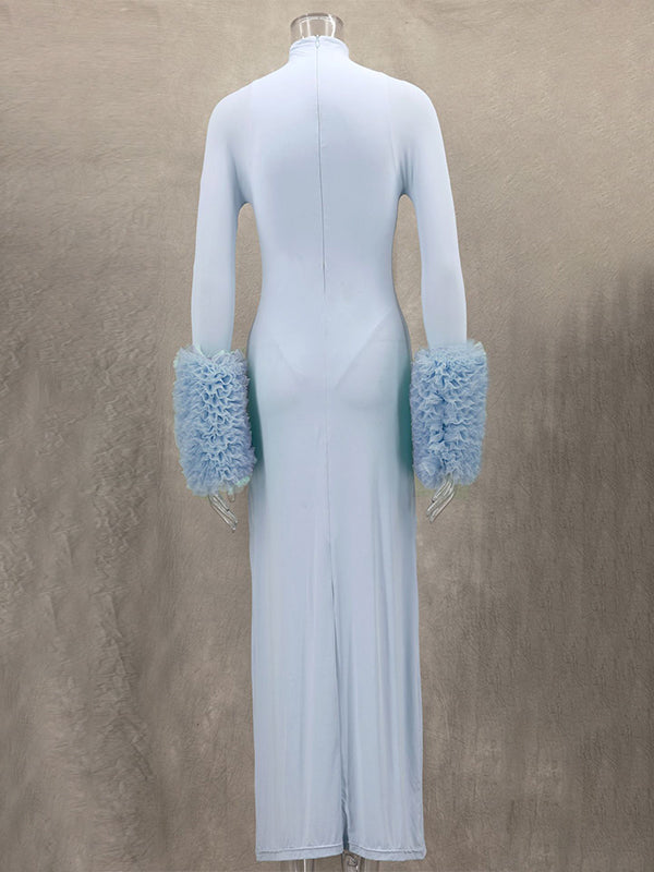 Momsmood Light Blue Case Grenadine Band Neck Bodycon Gender Reveal Baby Shower Maternity Maxi Dress