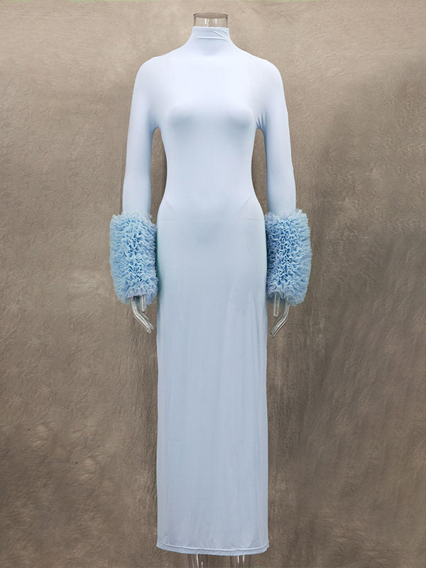 Momsmood Light Blue Case Grenadine Band Neck Bodycon Gender Reveal Baby Shower Maternity Maxi Dress