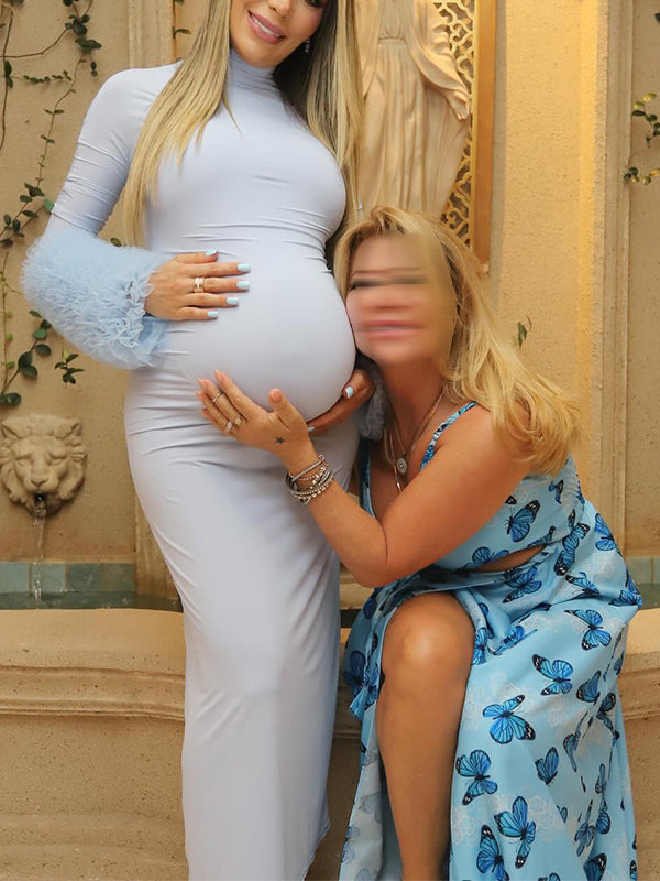 Momsmood Light Blue Case Grenadine Band Neck Bodycon Gender Reveal Baby Shower Maternity Maxi Dress