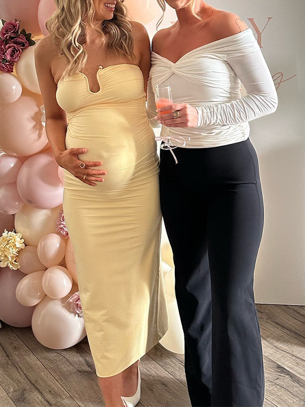 Momsmood Bandeau U Studded Solid Color Bodycon Vacation Party Baby Shower Maternity Maxi Dress