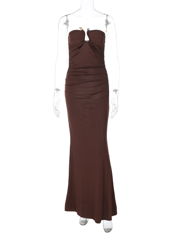 Momsmood Bandeau U Studded Solid Color Bodycon Vacation Party Baby Shower Maternity Maxi Dress