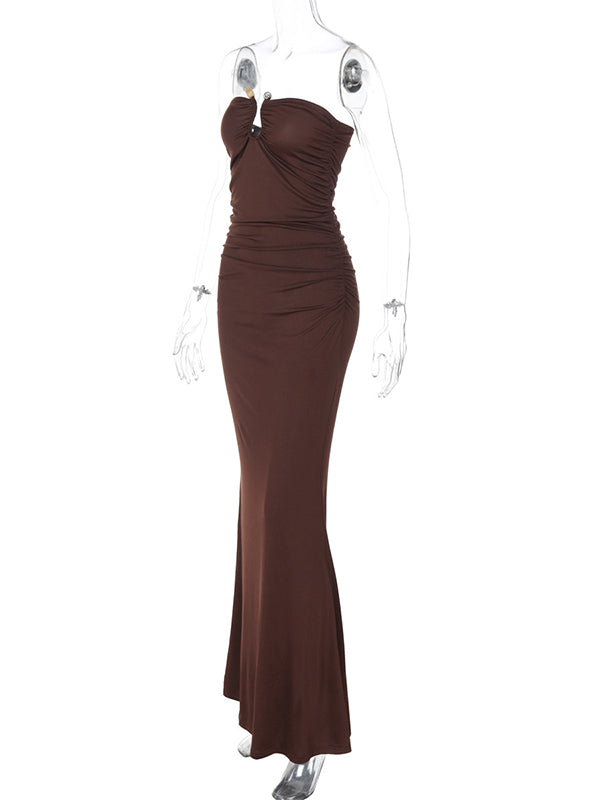 Momsmood Bandeau U Studded Solid Color Bodycon Vacation Party Baby Shower Maternity Maxi Dress