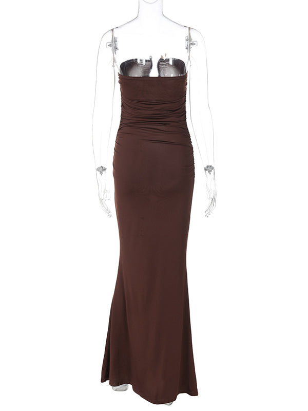 Momsmood Bandeau U Studded Solid Color Bodycon Vacation Party Baby Shower Maternity Maxi Dress