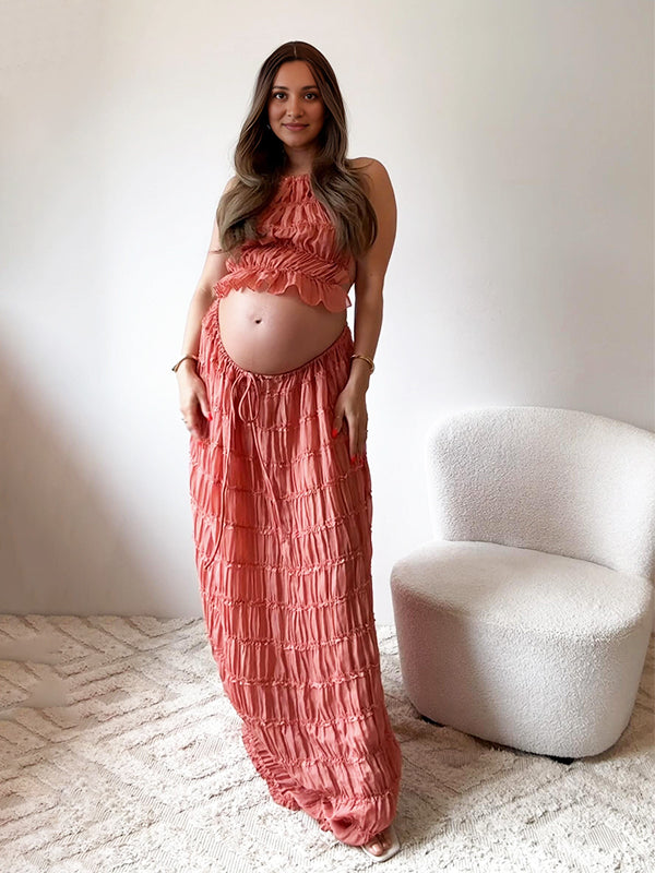 Momsmood Lotus Pink 2-in-1 Smocked Halter Neck Backless Vacation Boho Photoshoot Baby Shower Maternity Maxi Dress