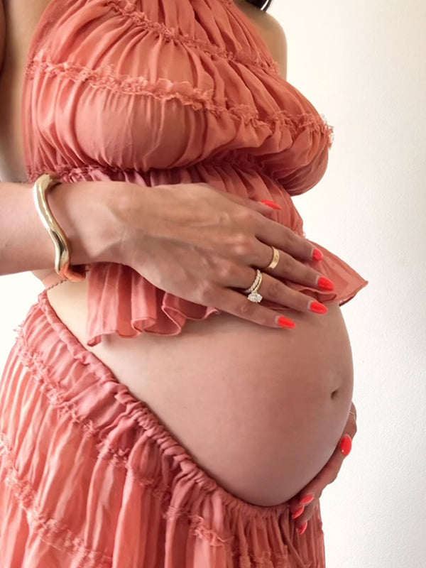 Momsmood Lotus Pink 2-in-1 Smocked Halter Neck Backless Vacation Boho Photoshoot Baby Shower Maternity Maxi Dress