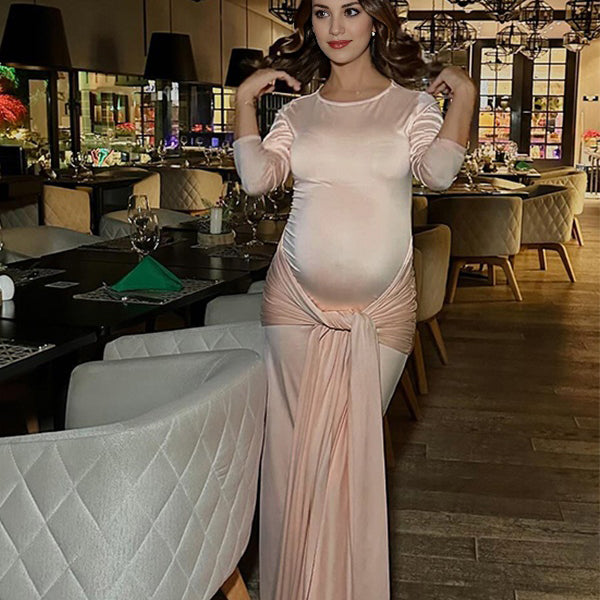Momsmood Champagne Twist Solid Color Bodycon Cocktail Party Baby Shower Maternity Maxi Dress