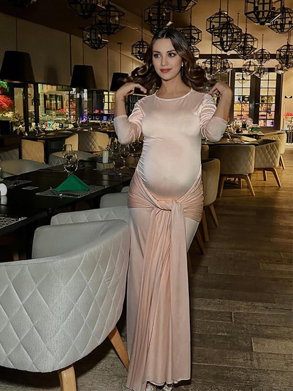 Momsmood Champagne Twist Solid Color Bodycon Cocktail Party Baby Shower Maternity Maxi Dress