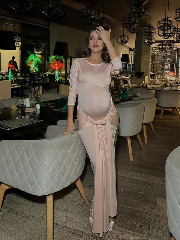 Momsmood Champagne Twist Solid Color Bodycon Cocktail Party Baby Shower Maternity Maxi Dress