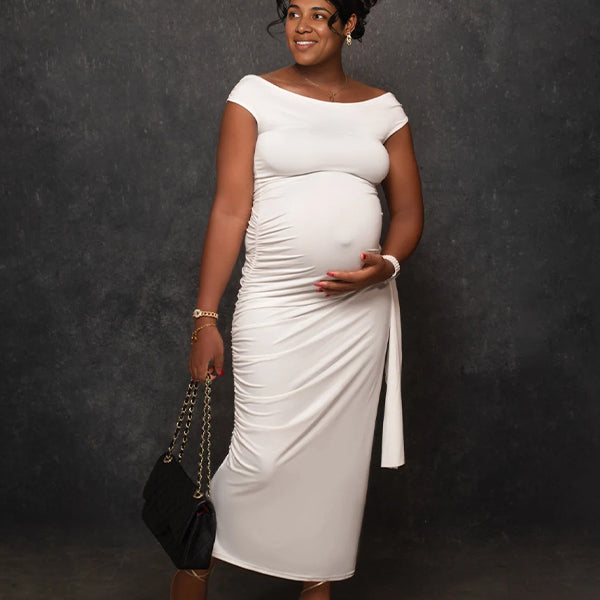 Momsmood Off Shoulder Side Draped Ruched Solid Color Bodycon Photoshoot Baby Shower Maternity Maxi Dress