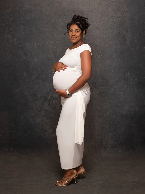 Momsmood Off Shoulder Side Draped Ruched Solid Color Bodycon Photoshoot Baby Shower Maternity Maxi Dress