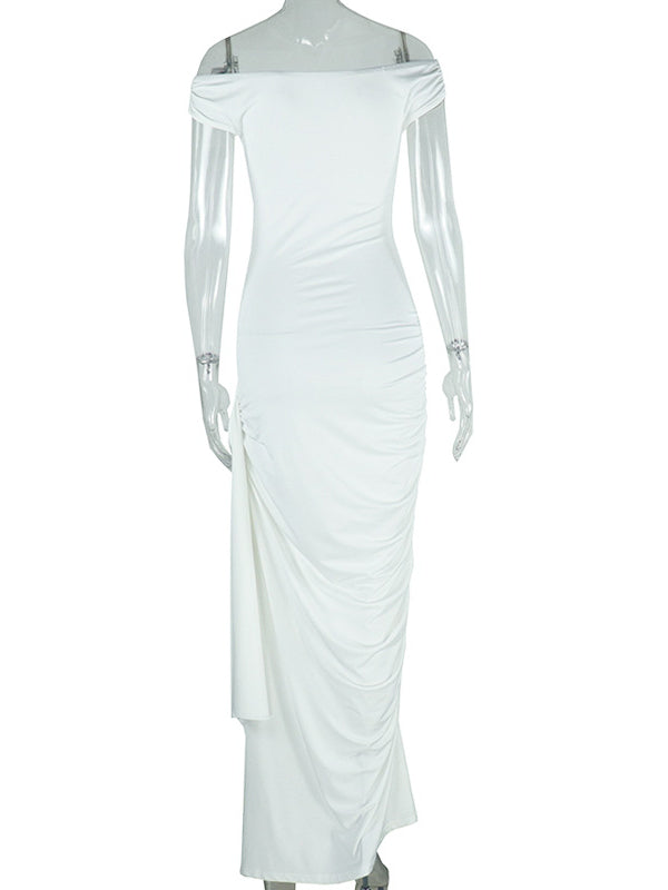 Momsmood Off Shoulder Side Draped Ruched Solid Color Bodycon Photoshoot Baby Shower Maternity Maxi Dress