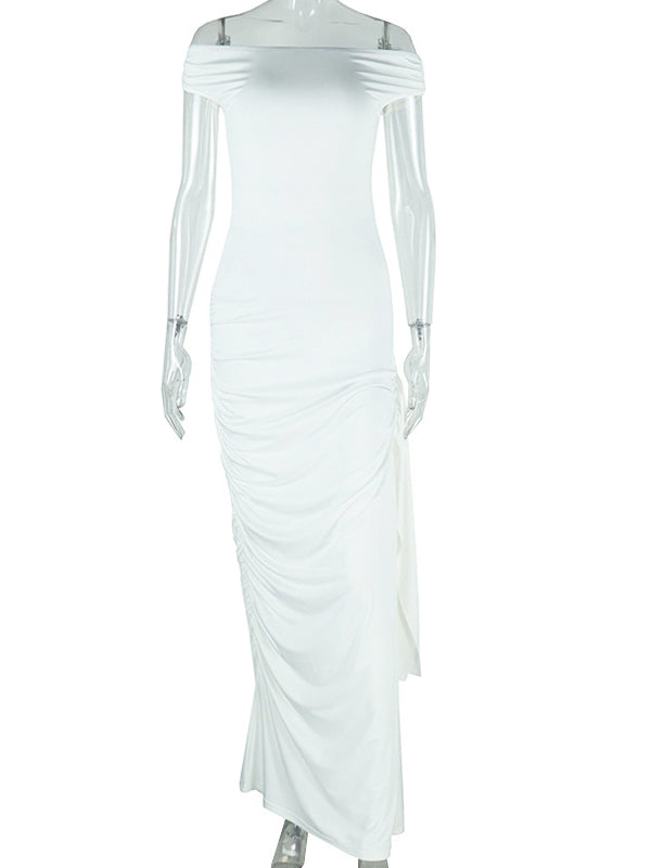 Momsmood Off Shoulder Side Draped Ruched Solid Color Bodycon Photoshoot Baby Shower Maternity Maxi Dress