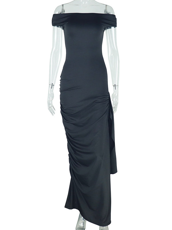 Momsmood Off Shoulder Side Draped Ruched Solid Color Bodycon Photoshoot Baby Shower Maternity Maxi Dress