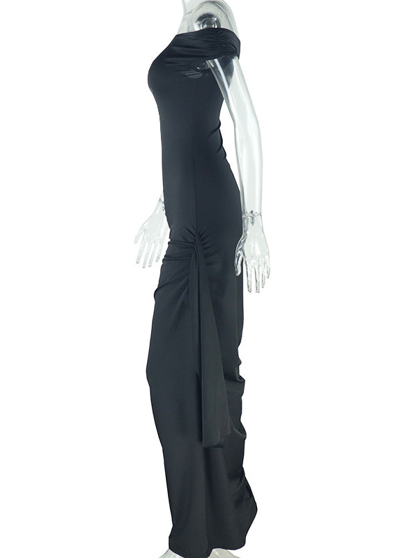 Momsmood Off Shoulder Side Draped Ruched Solid Color Bodycon Photoshoot Baby Shower Maternity Maxi Dress