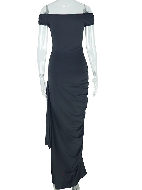 Momsmood Off Shoulder Side Draped Ruched Solid Color Bodycon Photoshoot Baby Shower Maternity Maxi Dress