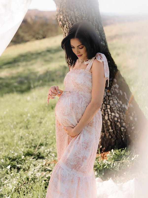 Momsmood Floral Print Smocked Bow Boho Flowy Photoshoot Gender Reveal Baby Shower Maternity Maxi Dress