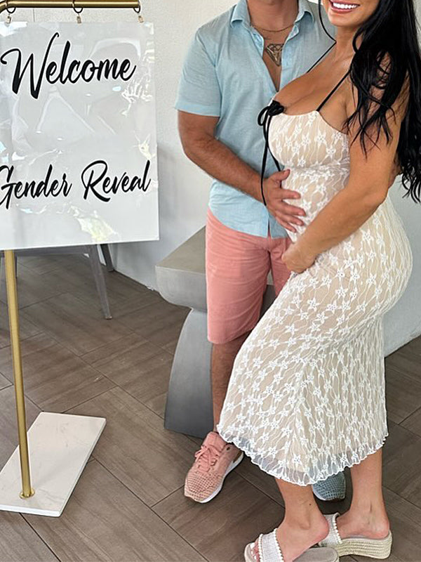 Momsmood Apricot Lace Bow Backless Bodycon Gender Reveal Baby Shower Maternity Maxi Dress