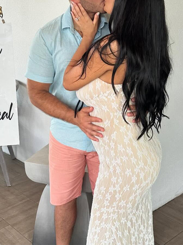 Momsmood Apricot Lace Bow Backless Bodycon Gender Reveal Baby Shower Maternity Maxi Dress
