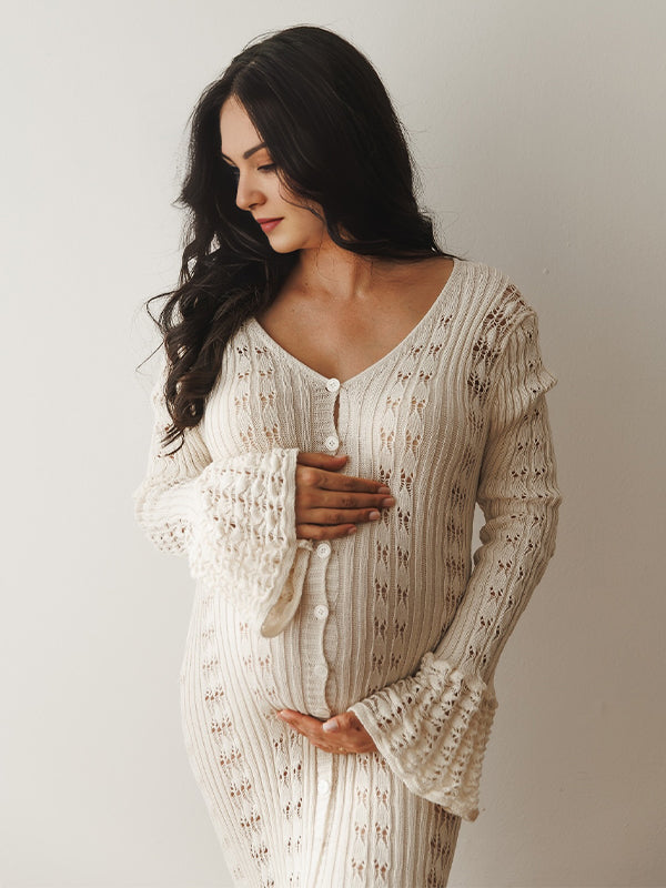 Momsmood Apricot Cut Out Knit Flare Sleeve Buttons Cardigan Photoshoot Baby Shower Maternity Maxi Dress