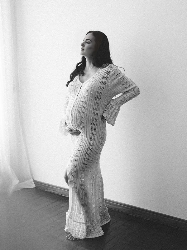 Momsmood Apricot Cut Out Knit Flare Sleeve Buttons Cardigan Photoshoot Baby Shower Maternity Maxi Dress