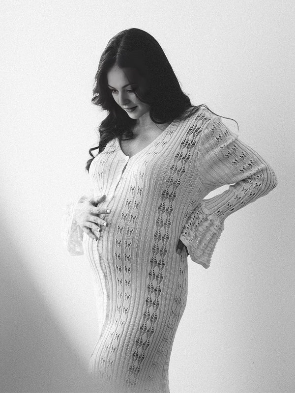 Momsmood Apricot Cut Out Knit Flare Sleeve Buttons Cardigan Photoshoot Baby Shower Maternity Maxi Dress