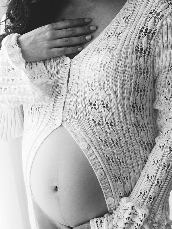 Momsmood Apricot Cut Out Knit Flare Sleeve Buttons Cardigan Photoshoot Baby Shower Maternity Maxi Dress