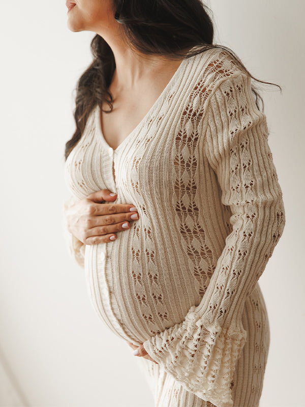 Momsmood Apricot Cut Out Knit Flare Sleeve Buttons Cardigan Photoshoot Baby Shower Maternity Maxi Dress
