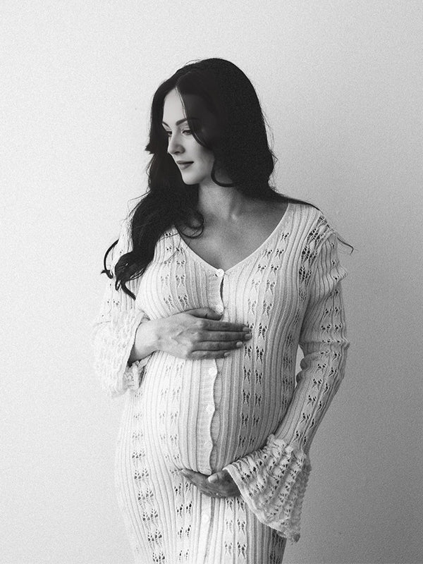 Momsmood Apricot Cut Out Knit Flare Sleeve Buttons Cardigan Photoshoot Baby Shower Maternity Maxi Dress