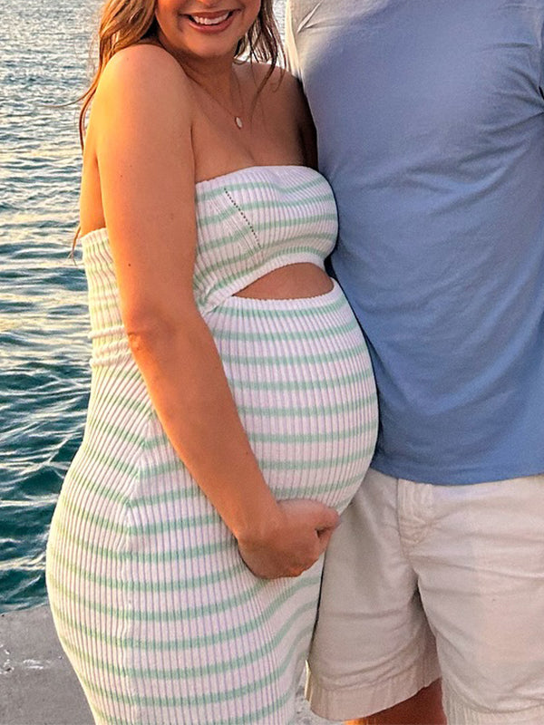 Momsmood Bandeau Striped Cut Out Knit Bodycon Vacation Photoshoot Baby Shower Maternity Maxi Dress