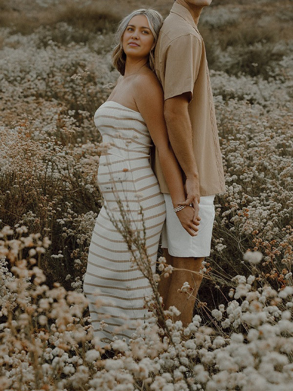 Momsmood Bandeau Striped Cut Out Knit Bodycon Vacation Photoshoot Baby Shower Maternity Maxi Dress