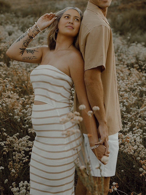 Momsmood Bandeau Striped Cut Out Knit Bodycon Vacation Photoshoot Baby Shower Maternity Maxi Dress