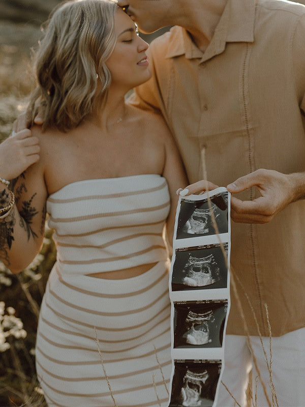 Momsmood Bandeau Striped Cut Out Knit Bodycon Vacation Photoshoot Baby Shower Maternity Maxi Dress