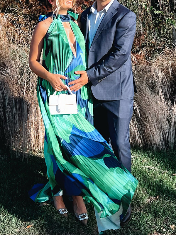 Momsmood Pleated Halter Neck Deep V-neck Print Backless Irregular Swing Maternity Maxi Dress