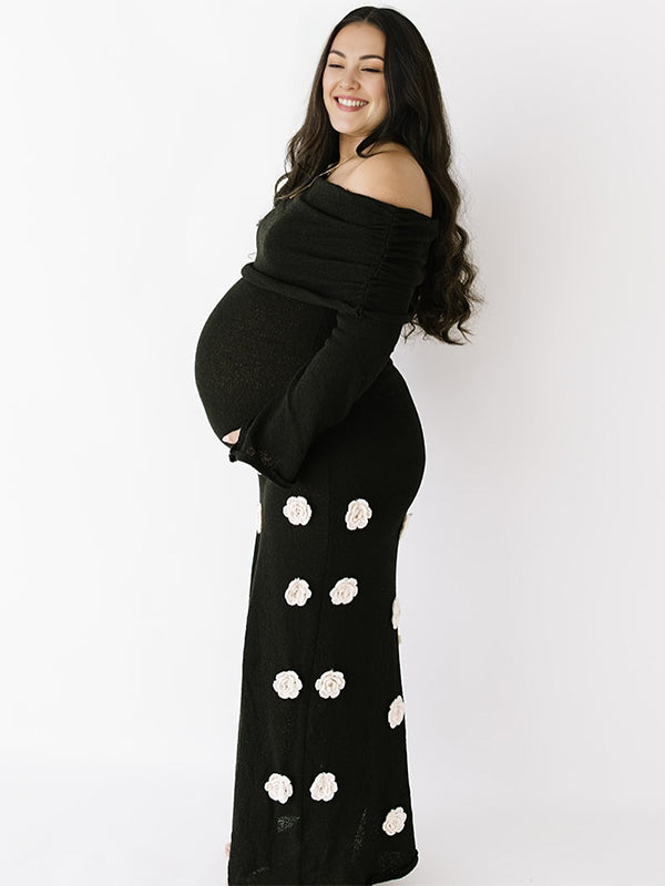 Momsmood 3D Flowers Off Shouler Ruched Photoshoot Baby Shower Maternity Maxi Dress