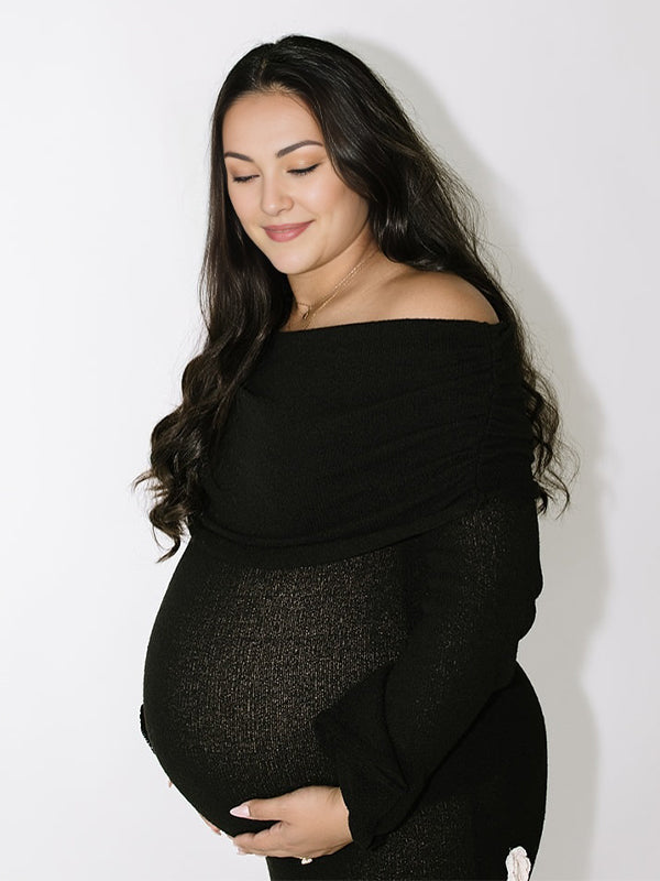Momsmood 3D Flowers Off Shouler Ruched Photoshoot Baby Shower Maternity Maxi Dress