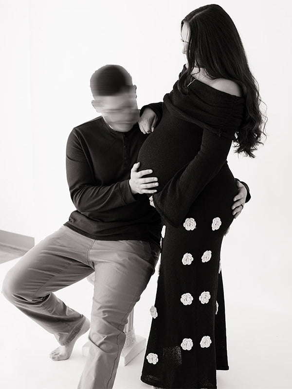 Momsmood 3D Flowers Off Shouler Ruched Photoshoot Baby Shower Maternity Maxi Dress