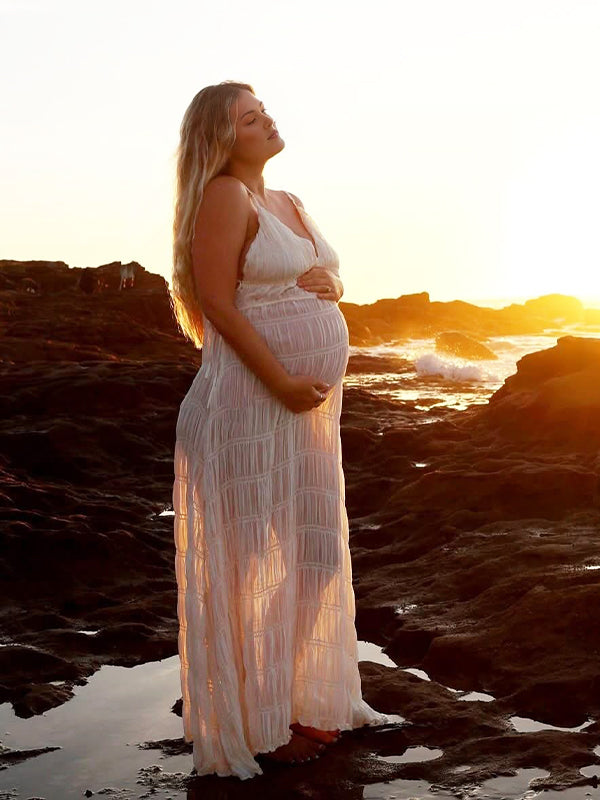 Momsmood Smocked Tie Grenadine V-neck Boho Photoshoot Maternity Maxi Dress
