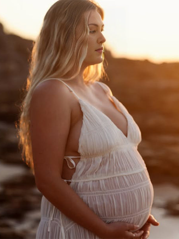 Momsmood Smocked Tie Grenadine V-neck Boho Photoshoot Maternity Maxi Dress