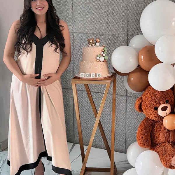 Momsmood Contrast Color V-neck Vacation Baby Shower Maternity Maxi Dress