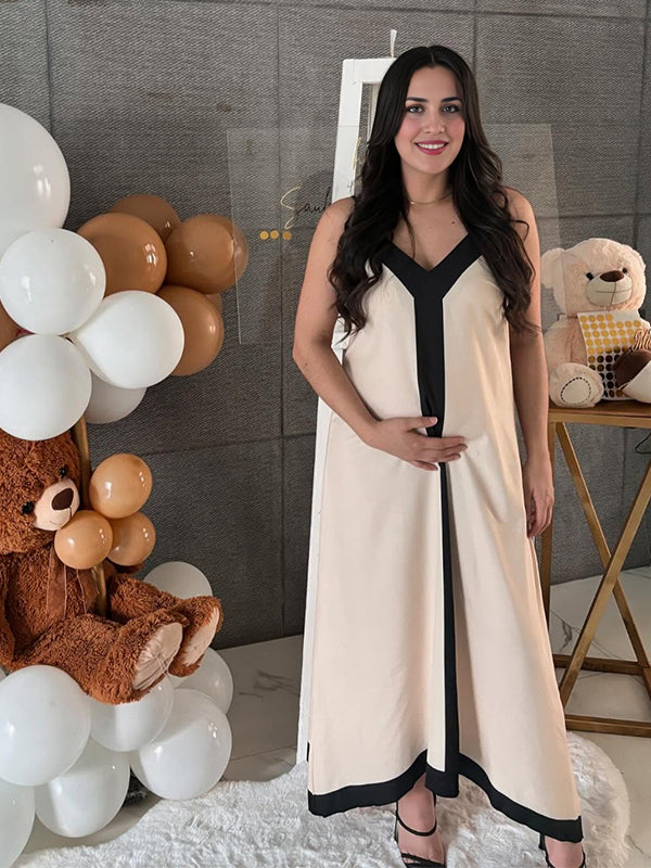 Momsmood Contrast Color V-neck Vacation Baby Shower Maternity Maxi Dress