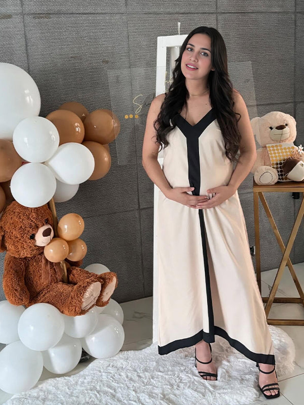 Momsmood Contrast Color V-neck Vacation Baby Shower Maternity Maxi Dress