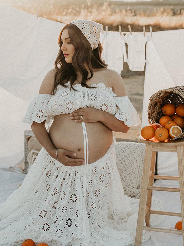 Momsmood 2-in-1 Lace Cut Out Ruffle Front Slit Off Shoulder Flowy Boho Photoshoot Maternity Maxi Dress
