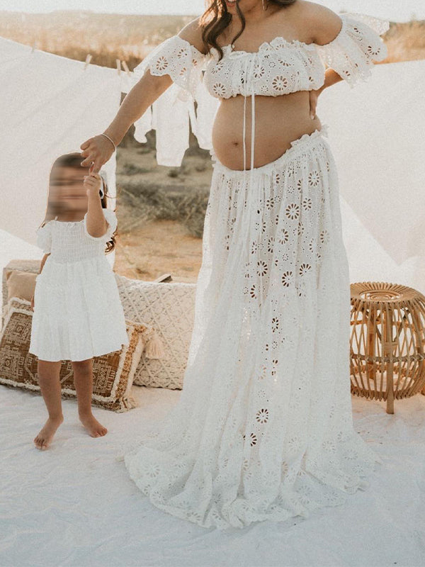Momsmood 2-in-1 Lace Cut Out Ruffle Front Slit Off Shoulder Flowy Boho Photoshoot Maternity Maxi Dress