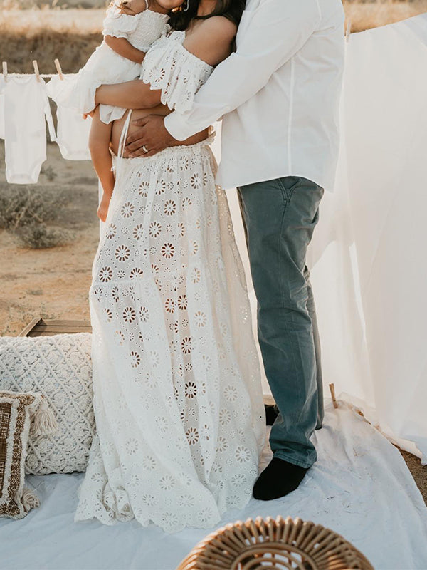 Momsmood 2-in-1 Lace Cut Out Ruffle Front Slit Off Shoulder Flowy Boho Photoshoot Maternity Maxi Dress
