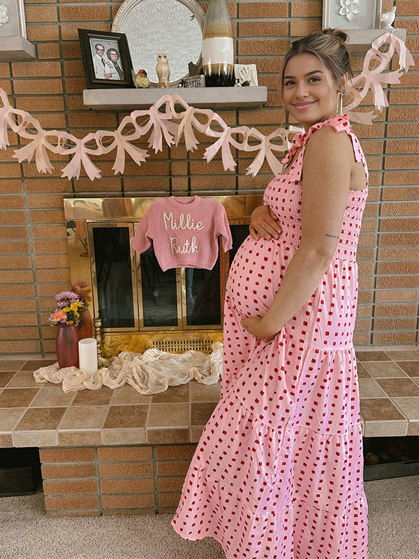 Momsmood Bow Smocked Polka Dot Flowy Gender Reveal Baby Shower Maternity Maxi Dress