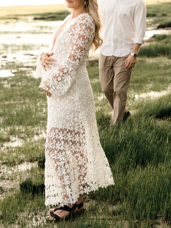 Momsmood Lace Cut Out Flare Sleeve Sheer Photoshoot Maternity Maxi Dress